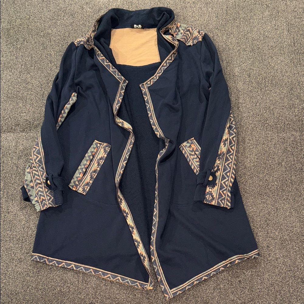 Miss Me Navy Cardigan with Patterned Trim